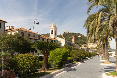 Noli Liguria, province of Savona, Italy-March 28,2026: Panoramic view of the seafront Noli , Monte Ursino Castle . Riviera dei Fiori. Maritime Republic