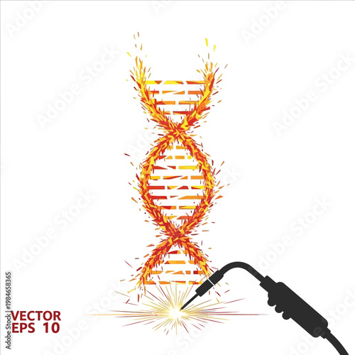 DNA helix being forged with welding torch and sparks, symbolizing genetic engineering and innovation