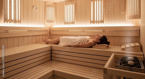 A serene sauna room with wooden benches and walls, where a woman in a white towel is lying down, enjoying the warm environment.