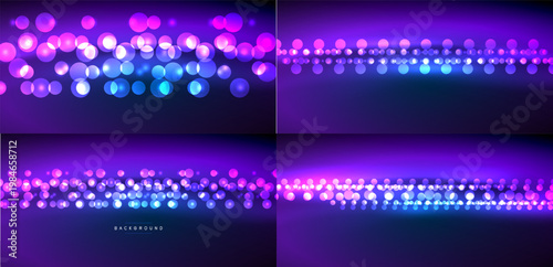 Four abstract backgrounds. Vibrant bokeh effects, purple, blue, pink hues dominate. Gradient dark shades create depth. Festive, modern design elements present.