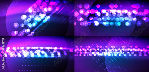 Abstract backgrounds feature vibrant lights, purple hues, blue accents. Dots create dynamic visual effects, modern design elements.