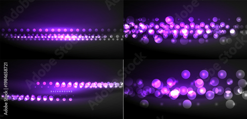 Dark backgrounds feature vibrant purple glowing dots, creating abstract light effects. Variations show density changes, lines, curves.