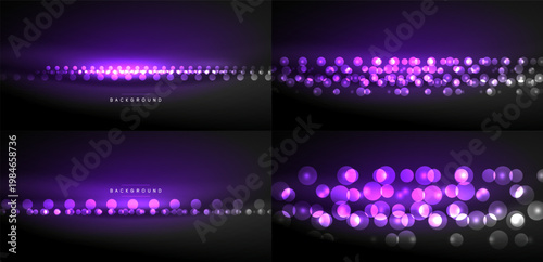 Dark purple backgrounds display glowing circles, creating abstract light effects. Variations show differing density, brightness levels.