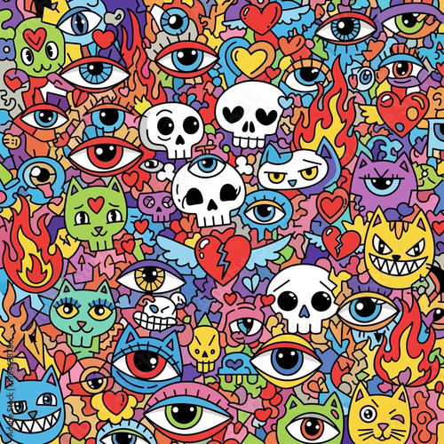 Vibrant cartoon doodle art with skulls and eyes.