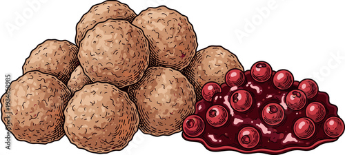 A pile of walnuts and a cluster of cranberries on transparent background