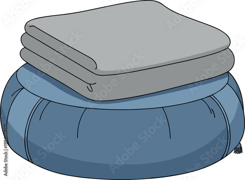 An inflatable air mattress with folded blankets on top on transparent background