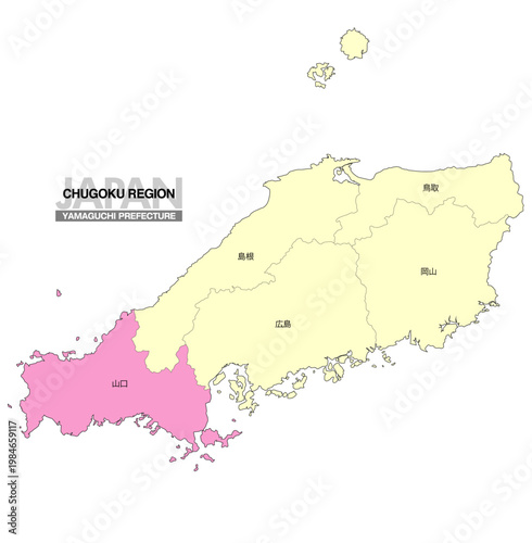 [日本地図] 中国地方の山口県の県名入り位置地図