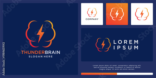 Thunder brain logo design template with flash