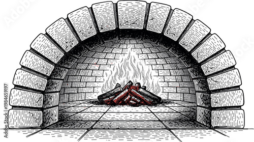 A cozy fireplace with a warm fire burning inside on transparent background