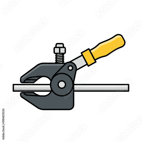Metal clamp holding a bar with yellow handle, industrial tool illustration