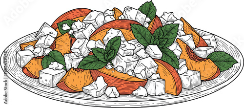 A vibrant plate of fresh peaches and feta cheese on transparent background