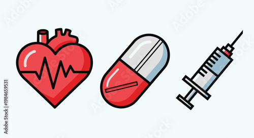 Medical Icons Heartbeat, Capsule, and Syringe representing health and healthcare