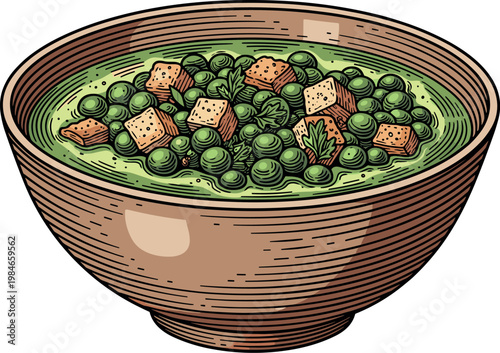 A cartoon illustration of a bowl of green peas and bread on transparent background