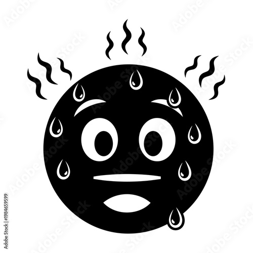 Sweaty emoticon face, hot emoji, black icon, sweat drops, overheated expression