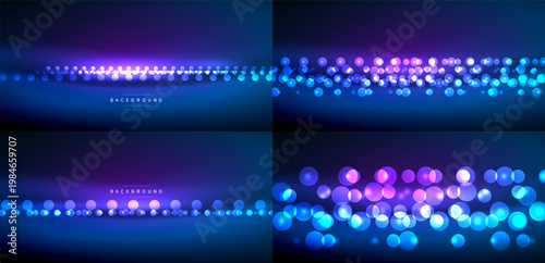 Dark backgrounds showcase vibrant blue, purple light effects. Bokeh creates abstract patterns, gradients add depth. Modern design elements present visual appeal.