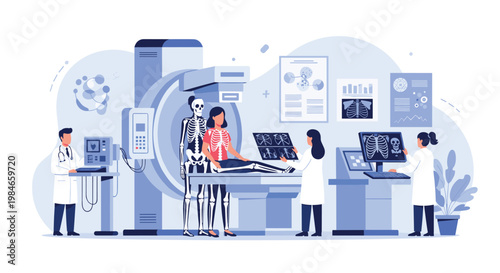 Medical team using advanced radiology equipment to perform an X-ray scan on a patient in a modern hospital room.