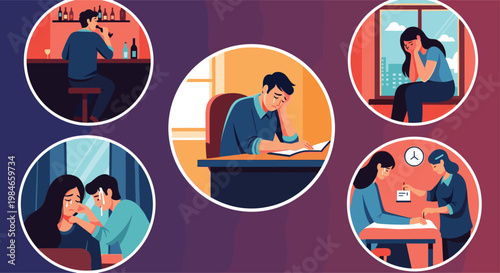 Set of circular illustrations depicting different people experiencing sadness and emotional distress in daily life.