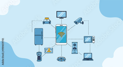 Smart home ecosystem controlled by a smartphone connected to various household appliances via a wireless network.