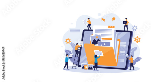 Team of small office workers organizing digital documents into a large orange folder on a computer tablet screen.