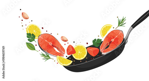 Fresh salmon steaks and lemon slices being tossed in a frying pan with herbs for a healthy and delicious meal.