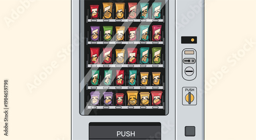 Vending machine stocked with a wide variety of colorful snack bags and treats ready for customer selection.