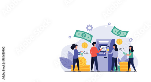 Group of people waiting in line to use an automated teller machine for withdrawing and depositing cash money in a digital banking concept.