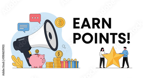 Marketing promotion concept featuring a large megaphone, piggy bank, coins, and people holding a golden star to earn loyalty points.