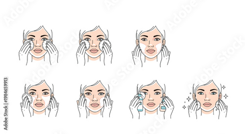 Step by step facial skincare routine illustration showing a woman applying various beauty products like cleanser and moisturizer to her face.