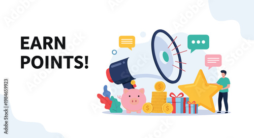 Digital marketing concept showing a person earning points and rewards with a giant megaphone, piggy bank, and gold star symbols.