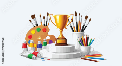 Golden trophy cup placed on a podium surrounded by various art supplies like paint tubes, palettes, brushes, and pencils for creative contest.