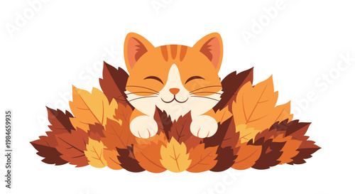 Contented orange tabby cat peeking out from a pile of warm autumn leaves with its eyes closed in a peaceful seasonal scene.