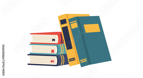 Simple stack of colorful hardcover books with bookmarks and two larger journals leaning against them for a reading or study theme.