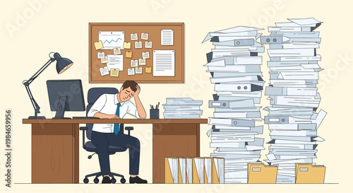Stressed and exhausted office worker sitting at a desk buried under massive piles of documents and folders in a busy workspace environment.