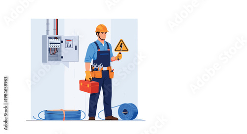 Professional electrician wearing a safety helmet and uniform standing next to a fuse box with a toolbox and cable reels.