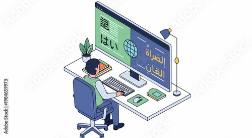 Isometric Illustration of a Professional Translator Working on Global Language Localization, Japanese and Arabic Text on Monitor