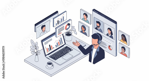 Isometric Illustration of a Business Professional Conducting a Virtual Webinar and Data Analysis Presentation with Remote Team via Video Conference