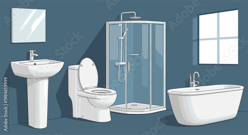 Contemporary bathroom interior featuring white ceramic fixtures like a sink, toilet, glass shower cubicle, and a freestanding bathtub.