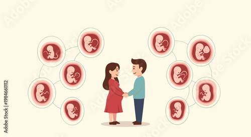 Expectant parents holding hands surrounded by a circular diagram showing stages of fetal development from embryo to baby.