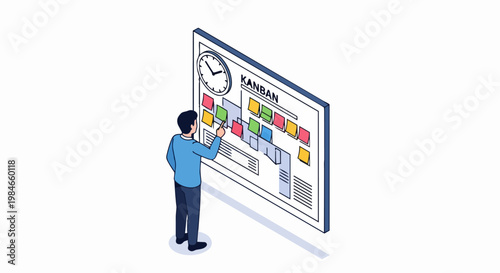 Isometric Businessman Managing Workflow and Tasks on a Kanban Board for Agile Project Planning