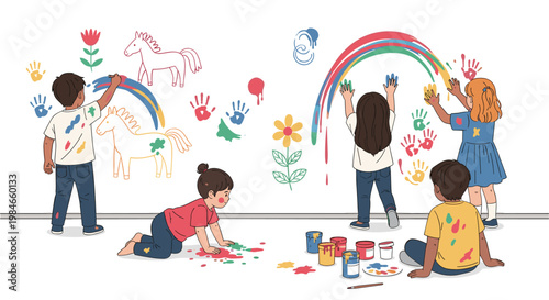 Group of diverse children creatively painting murals of horses, rainbows, and flowers on a large white nursery wall.