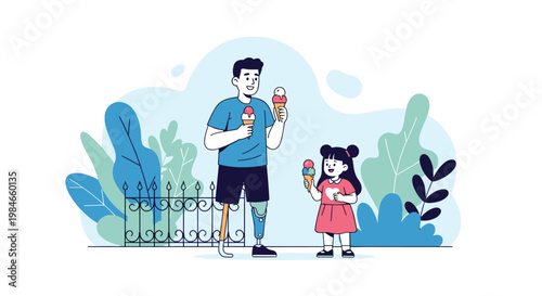 Smiling father with prosthetic legs enjoying ice cream in a park with his young daughter in inclusive design style.