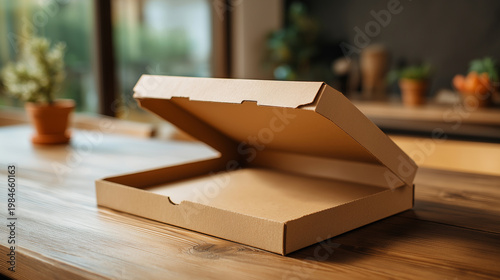 Cardboard pizza box mockup opened with minimal branding on wooden table, food delivery concept
