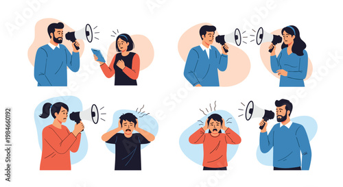 Set of scenes with people shouting into megaphones at others causing stress and annoyance in flat cartoon style.