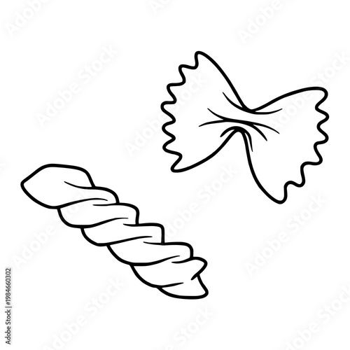 simple pasta varieties doodle: farfalle and fusilli concept