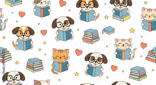 Educational seamless pattern featuring cute cats and dogs with glasses reading books among golden stars and hearts.