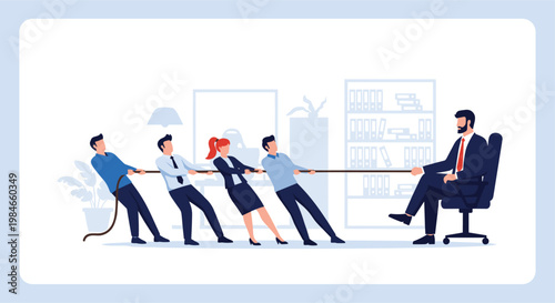 Business people pulling a rope in a tug of war game against their boss in an office setting for teamwork and competition themes.