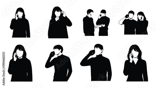 A collection of eight black silhouettes depicting people engaged in phone conversations high quality professional detailed