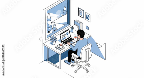 Isometric Illustration of a Man Working Remotely at a Home Office Desk with a Snowy Winter Landscape View through the Window