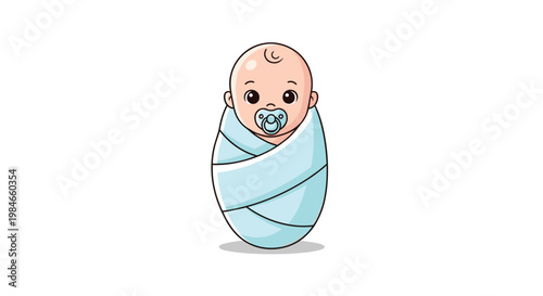 Cute newborn baby wrapped in a light blue swaddle with a pacifier on a white background for nursery and parenting designs.