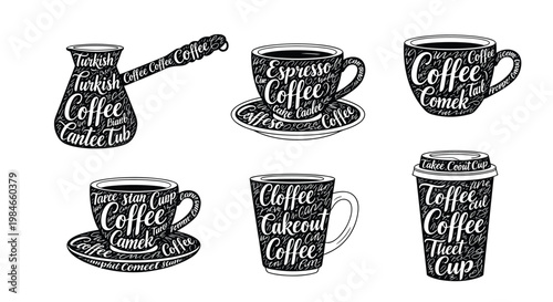 Set of coffee cup silhouettes filled with creative typography representing different beverages like espresso latte and turkish coffee.